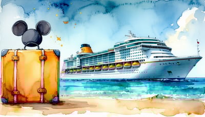 A whimsical illustration of a suitcase with mouse ears and a cruise ship, highlighting magical travel adventures. A whimsical illustration of a suitcase with mouse ears and a cruise ship, highlighting magical travel adventures.